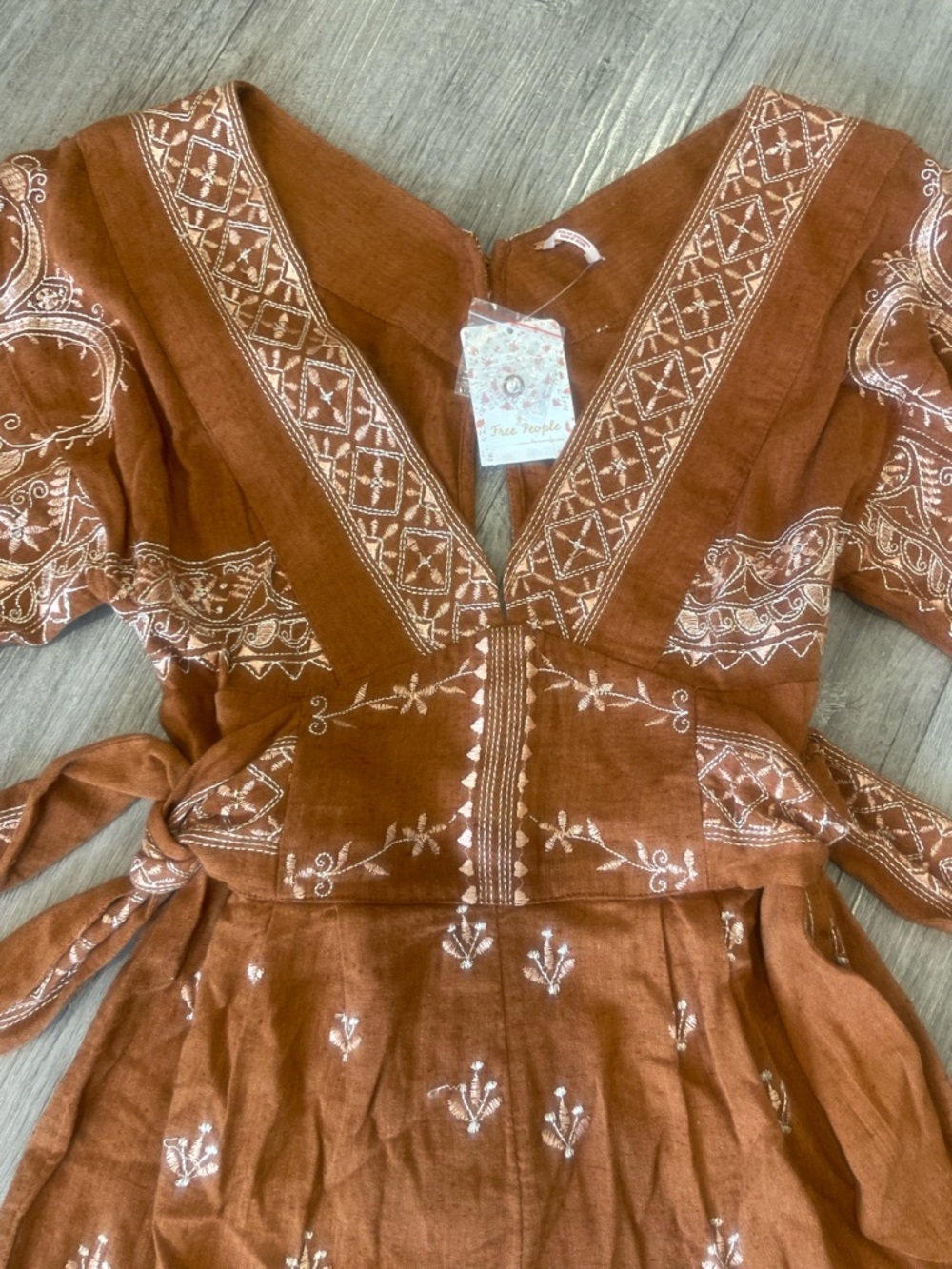 NWT Free People Azalia Boho Embroidered V-Neck Shorts Romper in Chocolate Brown - Picture 8 of 12